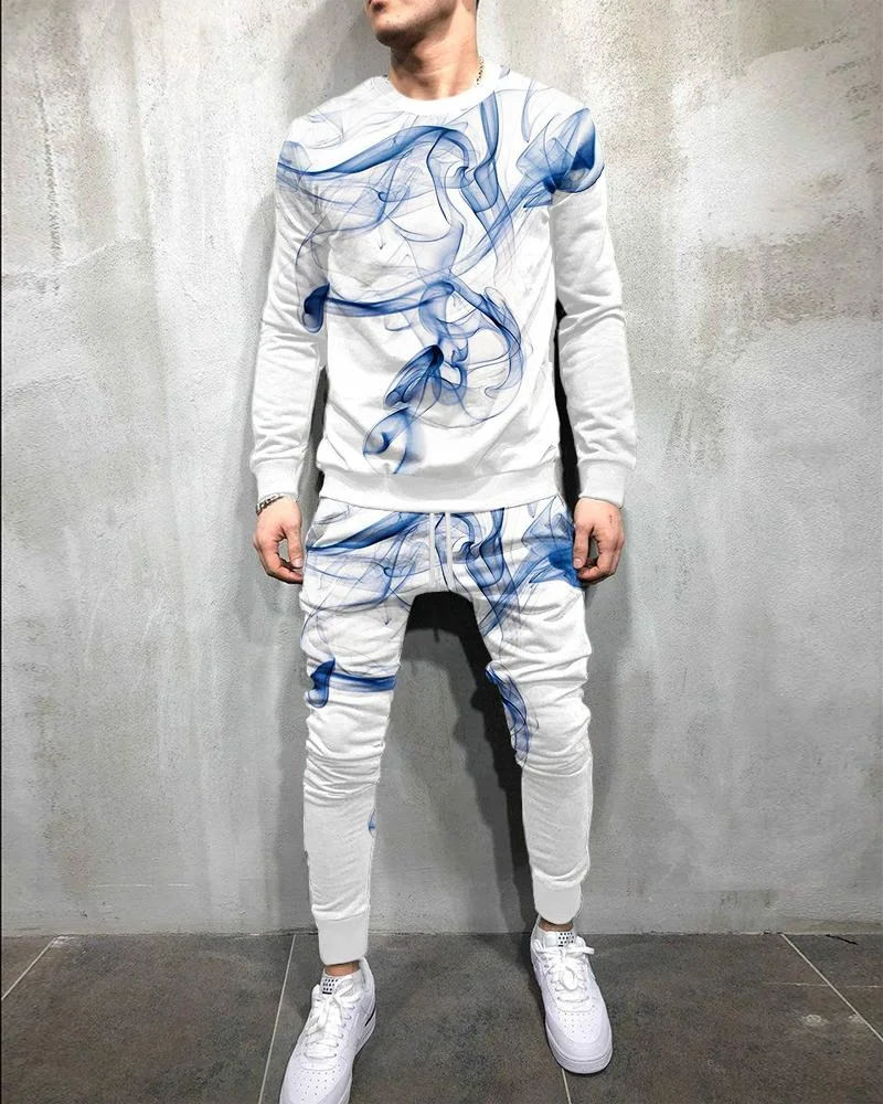 Men's Fashion Blue Abstract  Printing Long-sleeved Suit