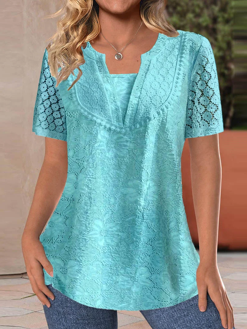 Women's Short Sleeve V-neck Floral Printed Lace Stitching Top