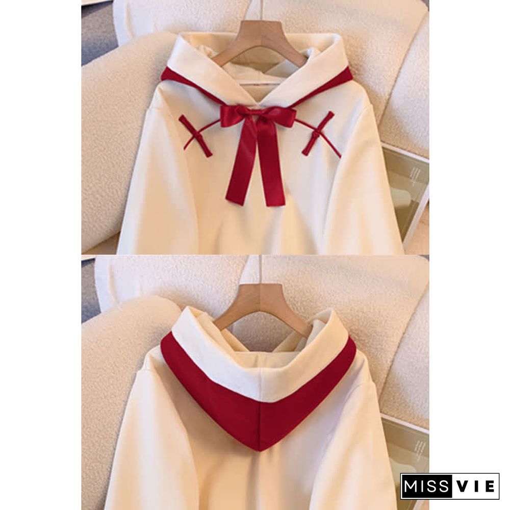 Vintage Embroidery Buckle Bowknot Hoodie Colorblock Skirt