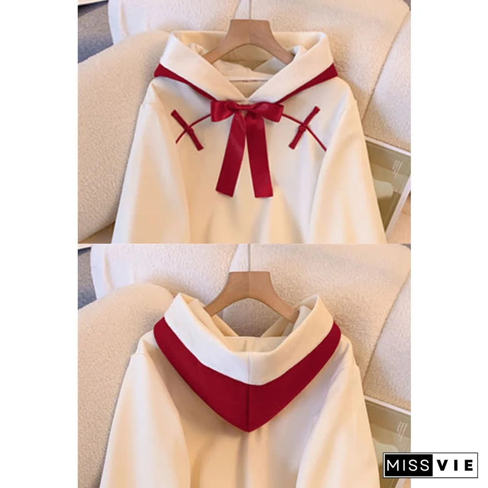 Vintage Embroidery Buckle Bowknot Hoodie Colorblock Skirt