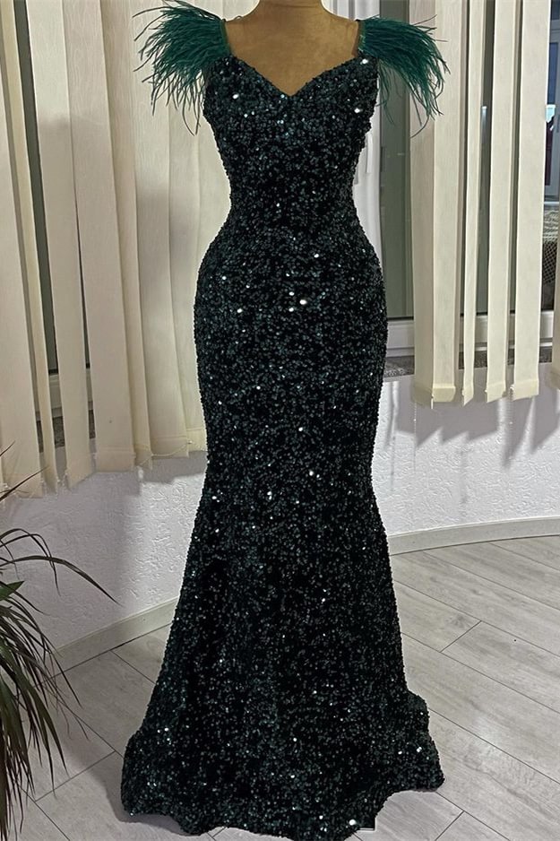 V-Neck Dark Green Sequins Mermaid Evening Dress With Feather | Ballbellas Ballbellas