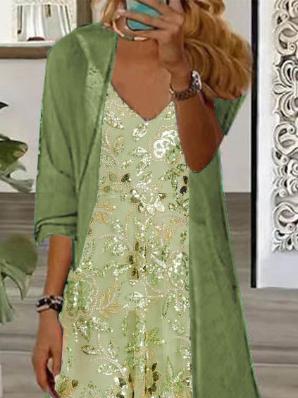 Women's Long Sleeve V-neck Floral Printed Two Pieces Maxi Dress