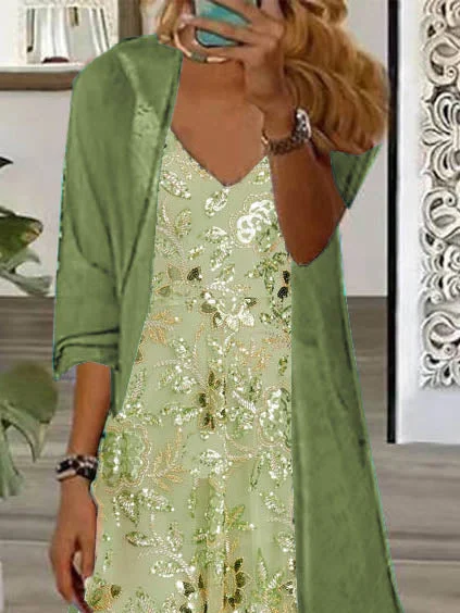 Women's Long Sleeve V-neck Floral Printed Two Pieces Maxi Dress