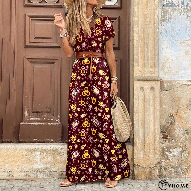 Boho Floral Print V Neck Short Sleeve Maxi Party Dress | IFYHOME