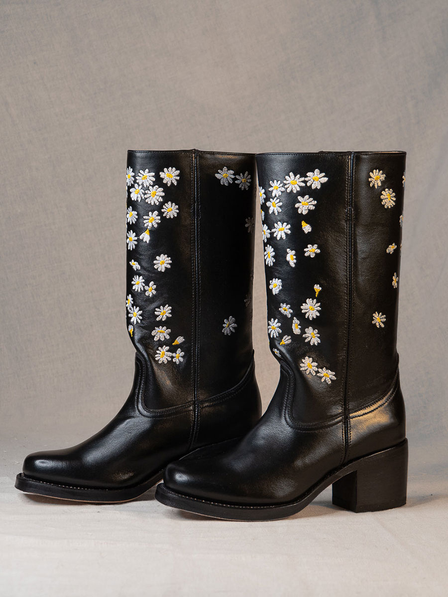 Black Vegan Leather Round Toe Floral Embroidered Cowgirl Boots With Chunky Heels