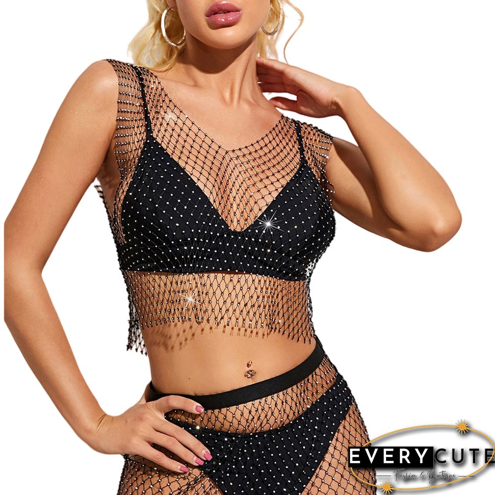 Black Rhinestone Mesh Hollow-out V Neck Crop Top