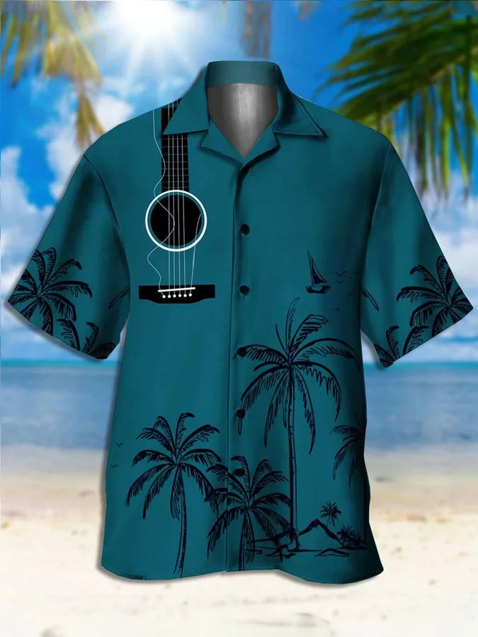 Men's Vintage Music Guitar Coconut Print Short Sleeve Hawaiian Shirt