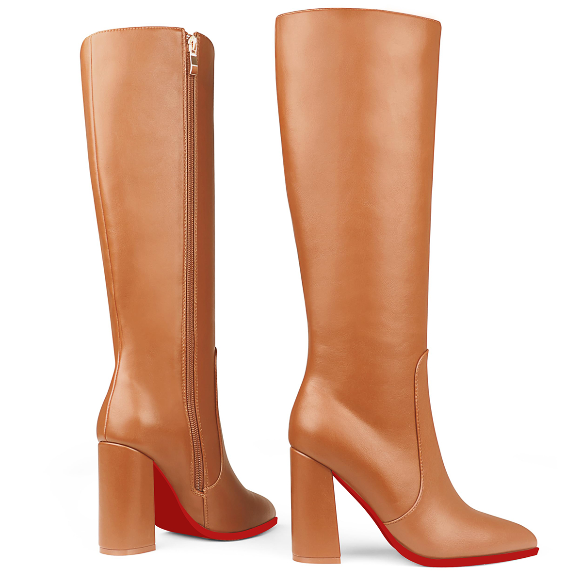 95mm Women's  Knee Boots Leather Red Bottom Chunky High Heels Boots-MERUMOTE