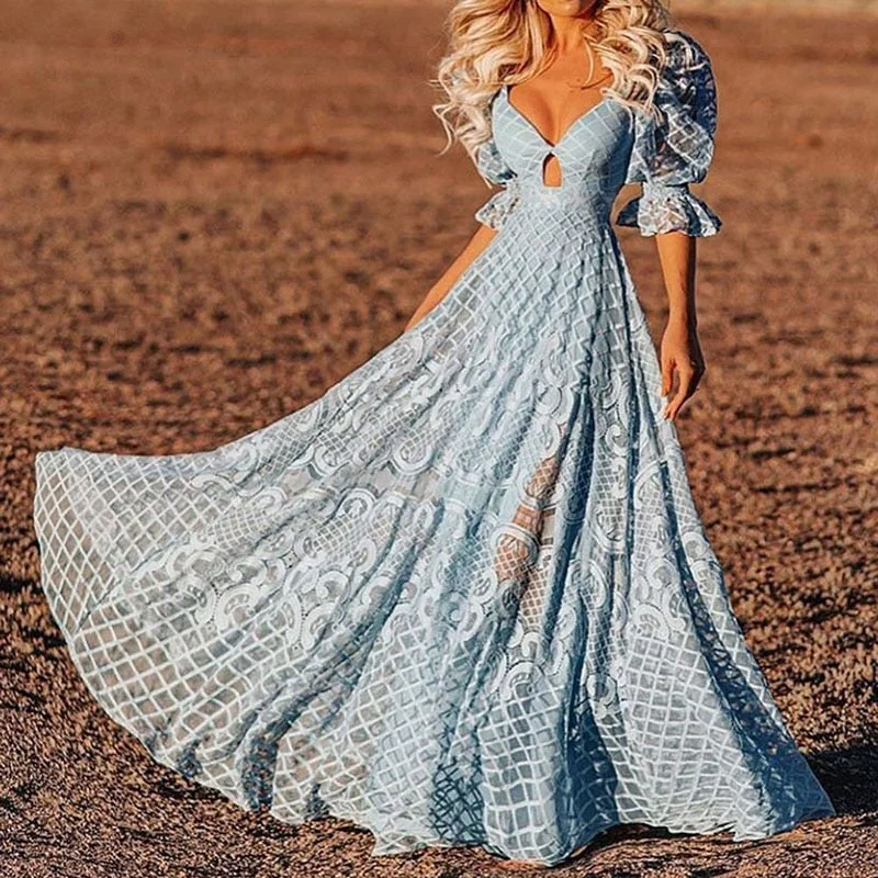 Ordifree 2022 Summer Boho Women Maxi Dresses Sexy Backless Vintage Blue Lace Long Tunic Beach Dress