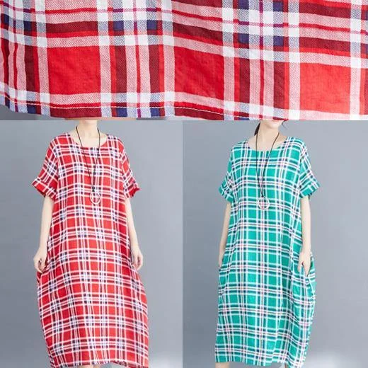 Natural green cotton clothes 2019 Sleeve plaid Plus Size Clothing summer Dress