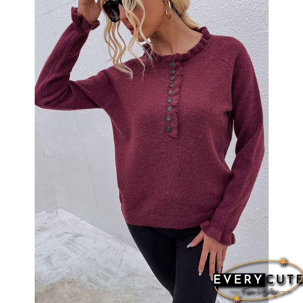 Wine Red Ruffle Detail Crew Neck Long Sleeve Knitted Sweater