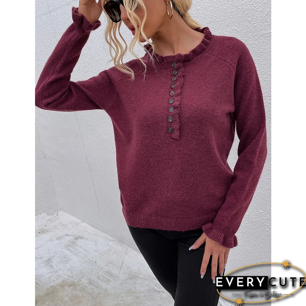 Wine Red Ruffle Detail Crew Neck Long Sleeve Knitted Sweater