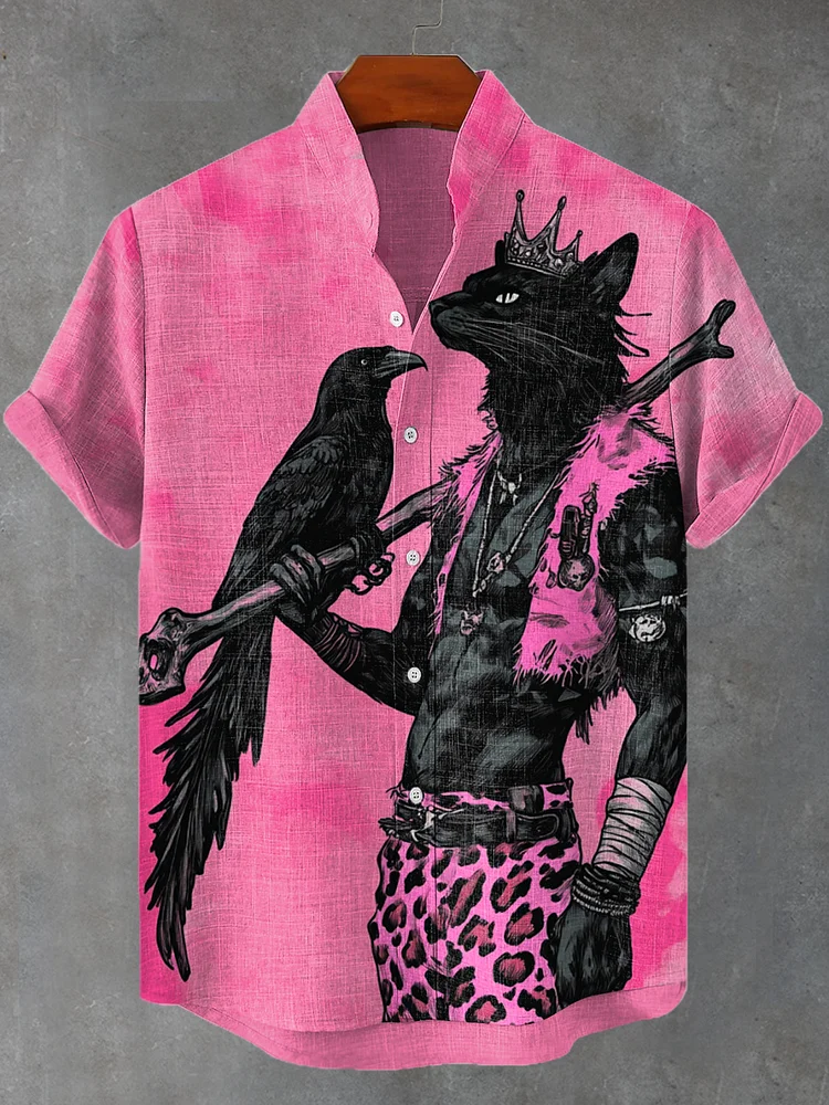Men's Handsome Black Cat And Raven Print Short Sleeve Shirt