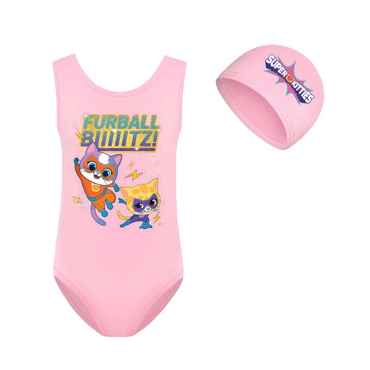 SuperKitties Children's Swimsuit and Cap Set - Cartoon-themed swimwear ...