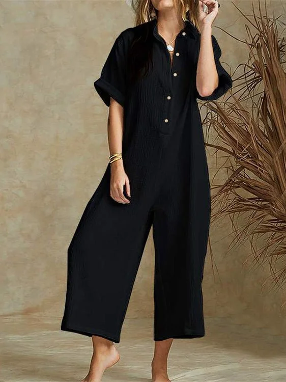 Women's Jumpsuits Loose Lapel Button Wide-Leg Jumpsuit