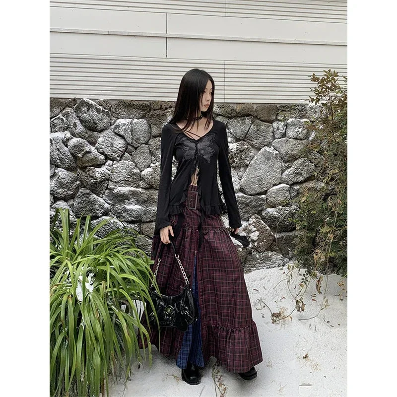 Huiketi Women's Plaid A-line Long Skirt Vintage Y2k Skirt Harajuku Korean Streetwear Fashion A-line Skirts Emo 2000s Trashy Clothes 2024