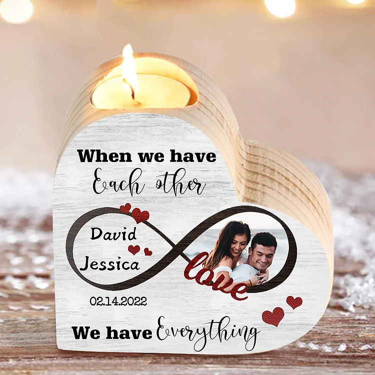 Personalized Name Infinite Couple Heart Candle Holder Engrave Photo Wooden Candlesticks Valentines Gift