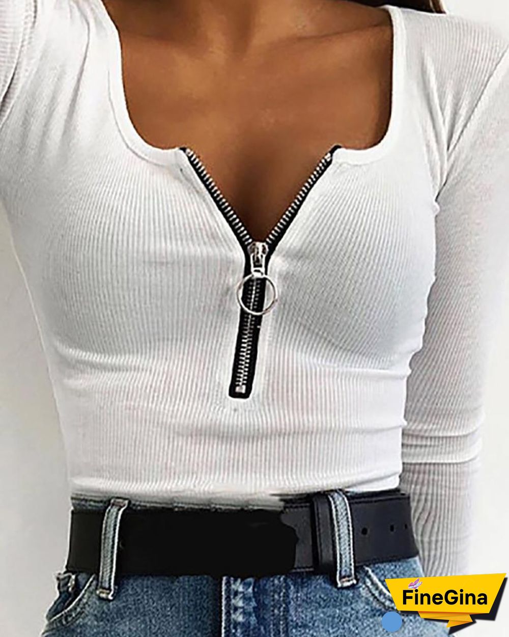 Long Sleeve Zipper Design Blouse P13365