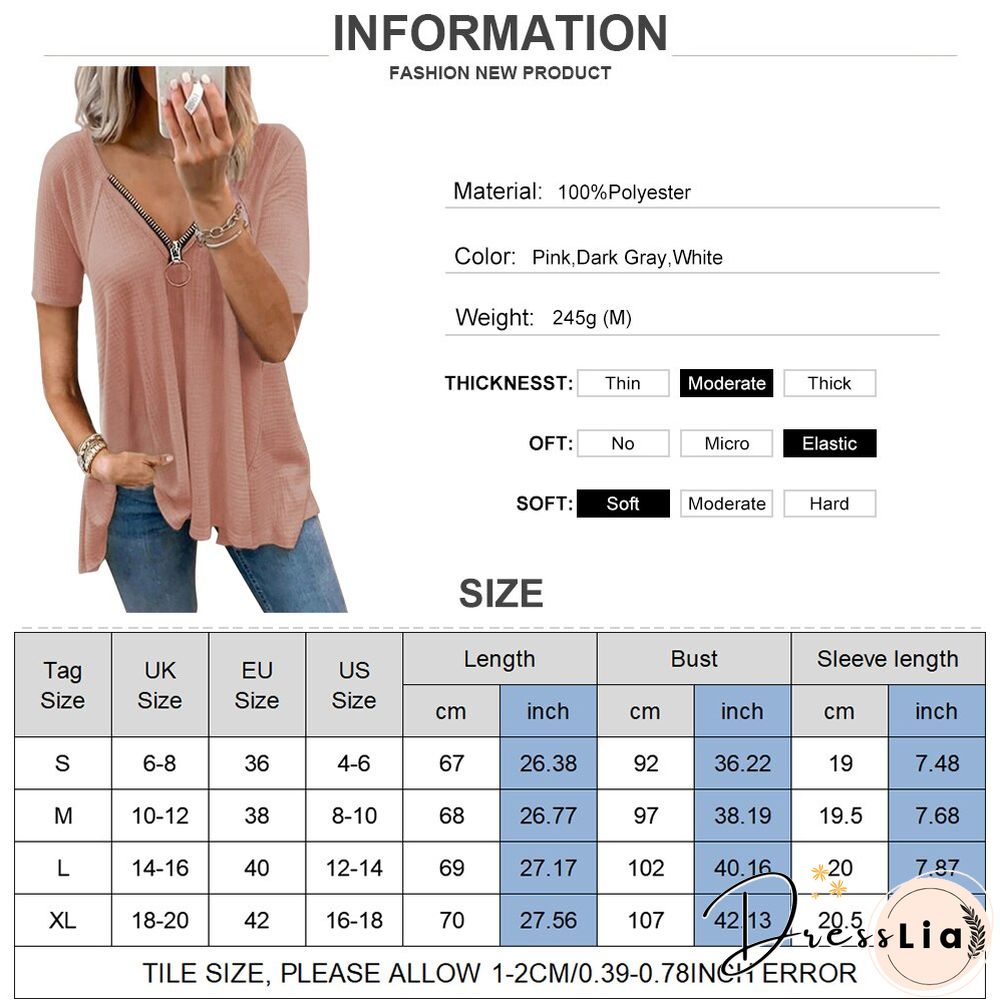 Summer Hollow Out Short Sleeve T-Shirts Women Sexy Zipper V-Neck Casual Ladies Tops Fashion Female Streetwear Blouse Tee D30