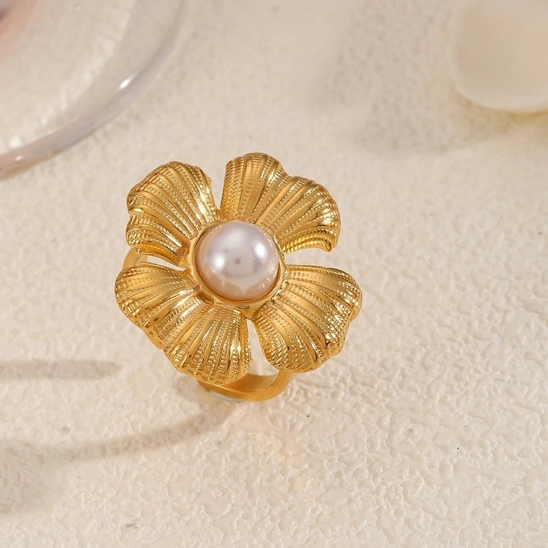 Elegant Flower 304 Stainless Steel Pearl Inlay Open Rings