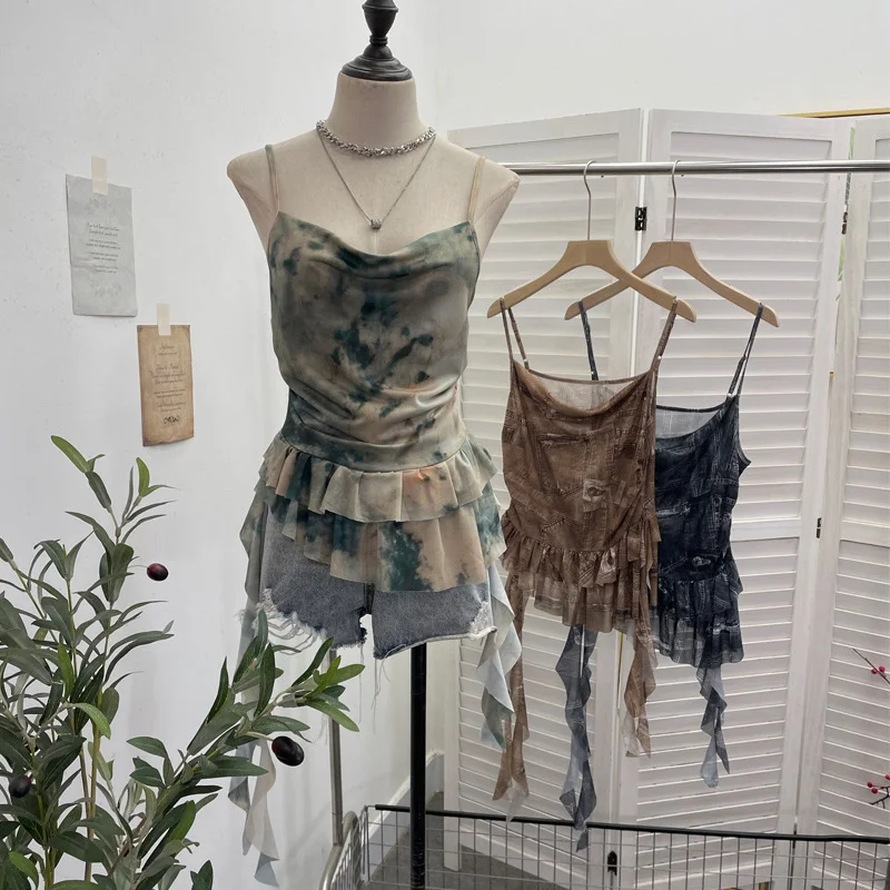 Uveng Real Shoot Spice Girl Swing Network Yarn Print Sling Vest Retivating Lotus Leaf Side Ribbon Short Top 1210