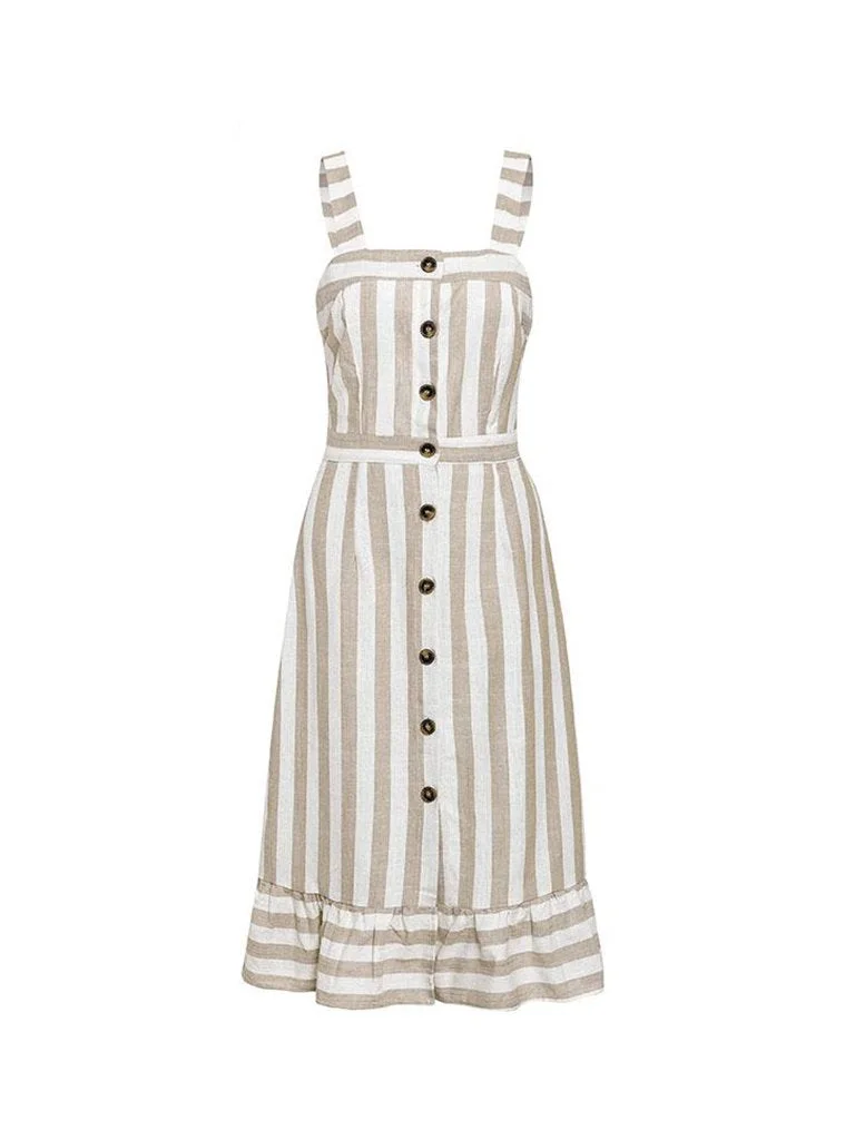 Slip Dress Simple Striped Buttons Decor Ruffled Hem Dress
