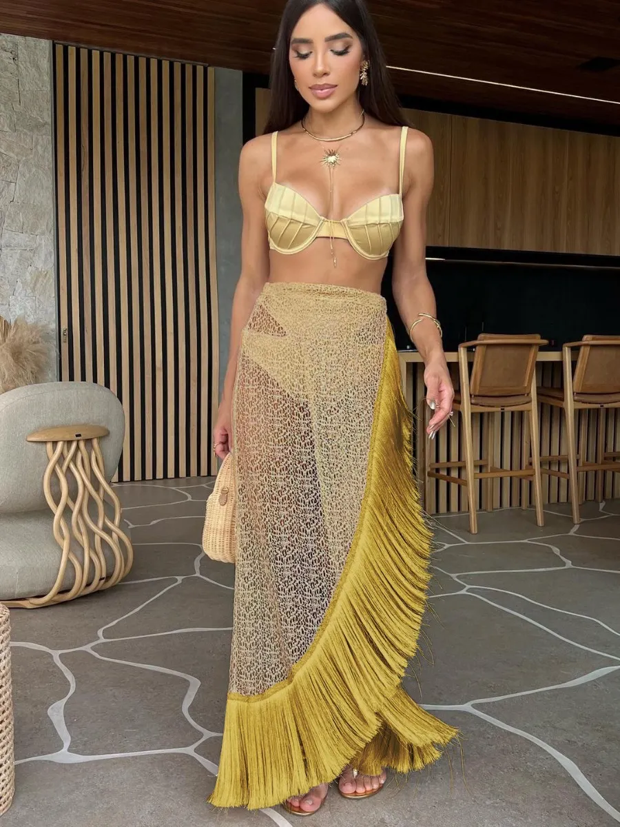 Churchf 2025 New Three-Point High-Waisted Bikini Half-Dress Three-Piece Solid Color Split Body Swimsuit