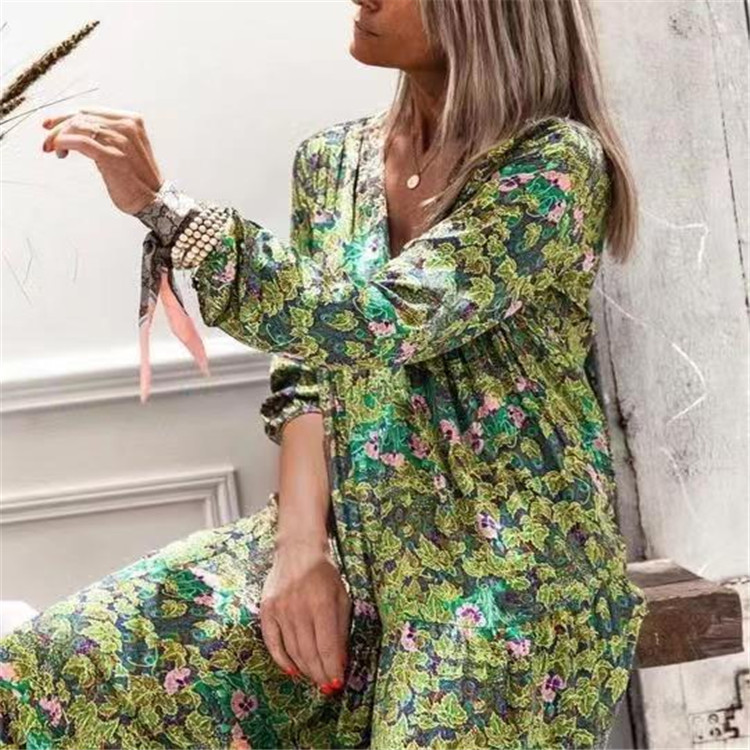 Summer and Autumn Green Hedging Printing Mid Waist Temperament Commute Long Dress-vocosishoes