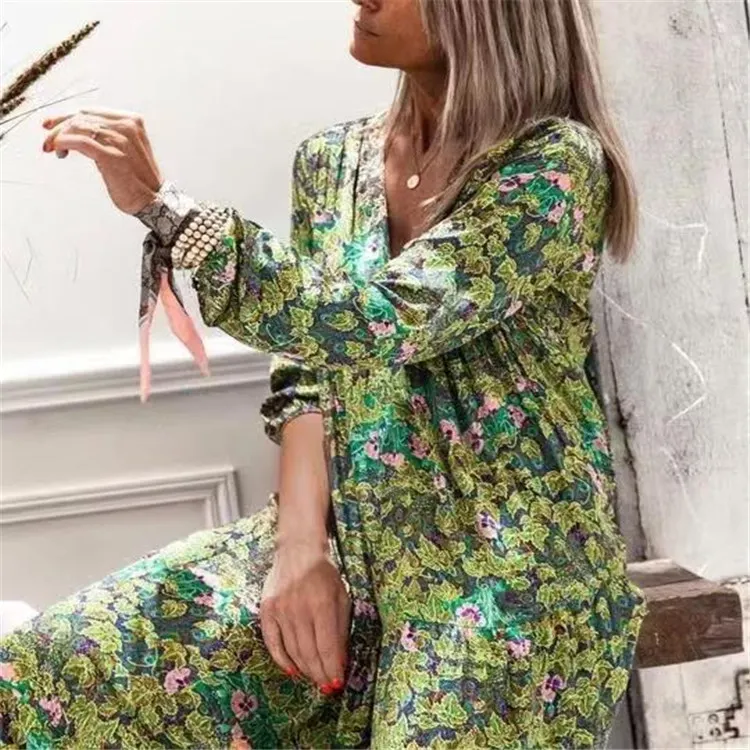 Summer and Autumn Green Hedging Printing Mid Waist Temperament Commute Long Dress-vocosishoes