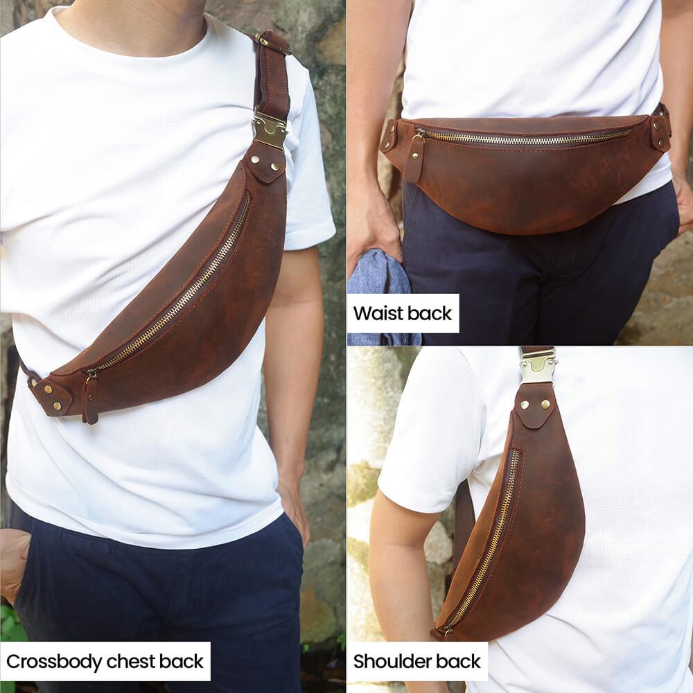 Luxury Crazy Horse Leather Chest Bag Fanny Pack Mens Waist Bag Custom Logo Male Waist Pack For Phone Pouch Outtoor Sport Bum Bag