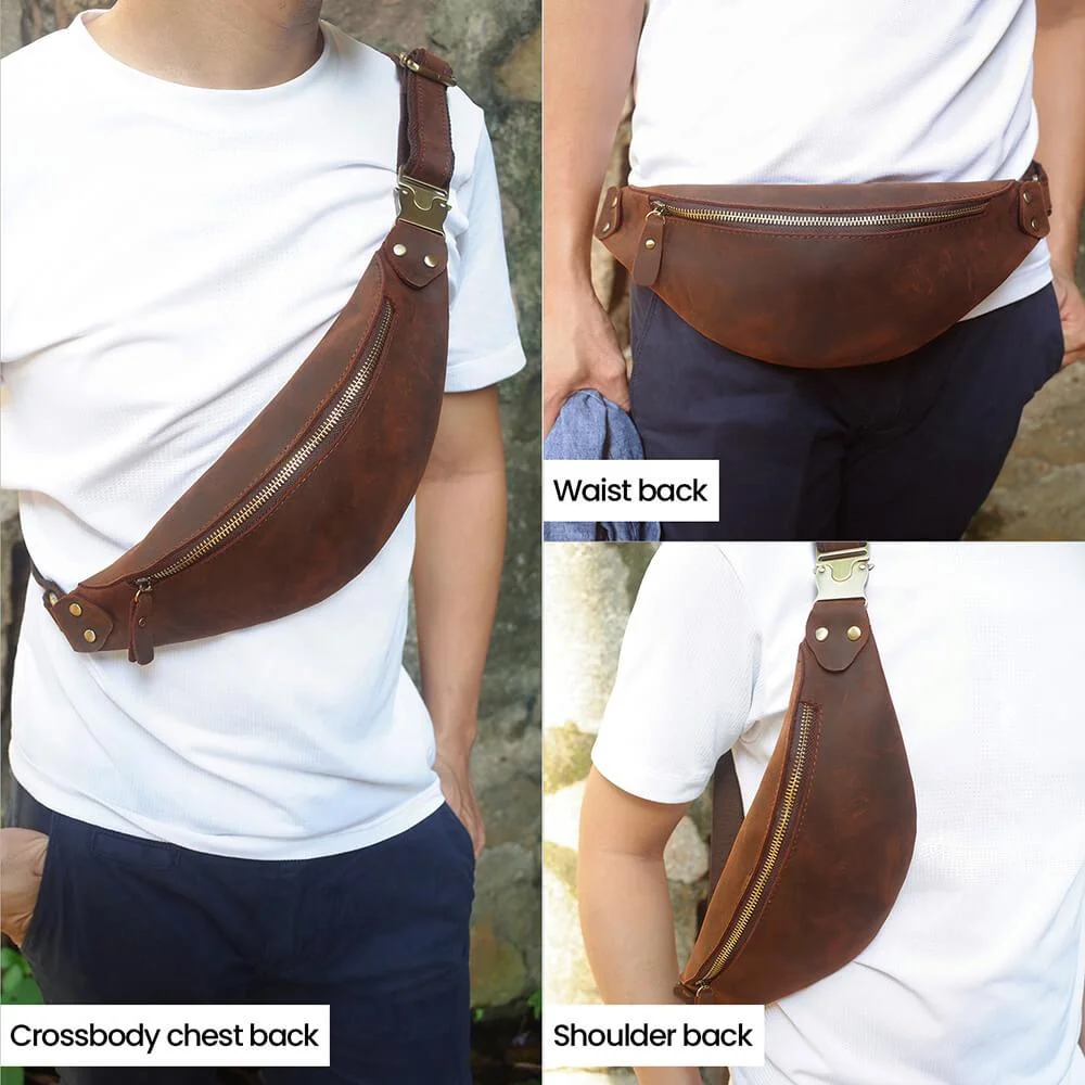 Luxury Crazy Horse Leather Chest Bag Fanny Pack Mens Waist Bag Custom Logo Male Waist Pack For Phone Pouch Outtoor Sport Bum Bag