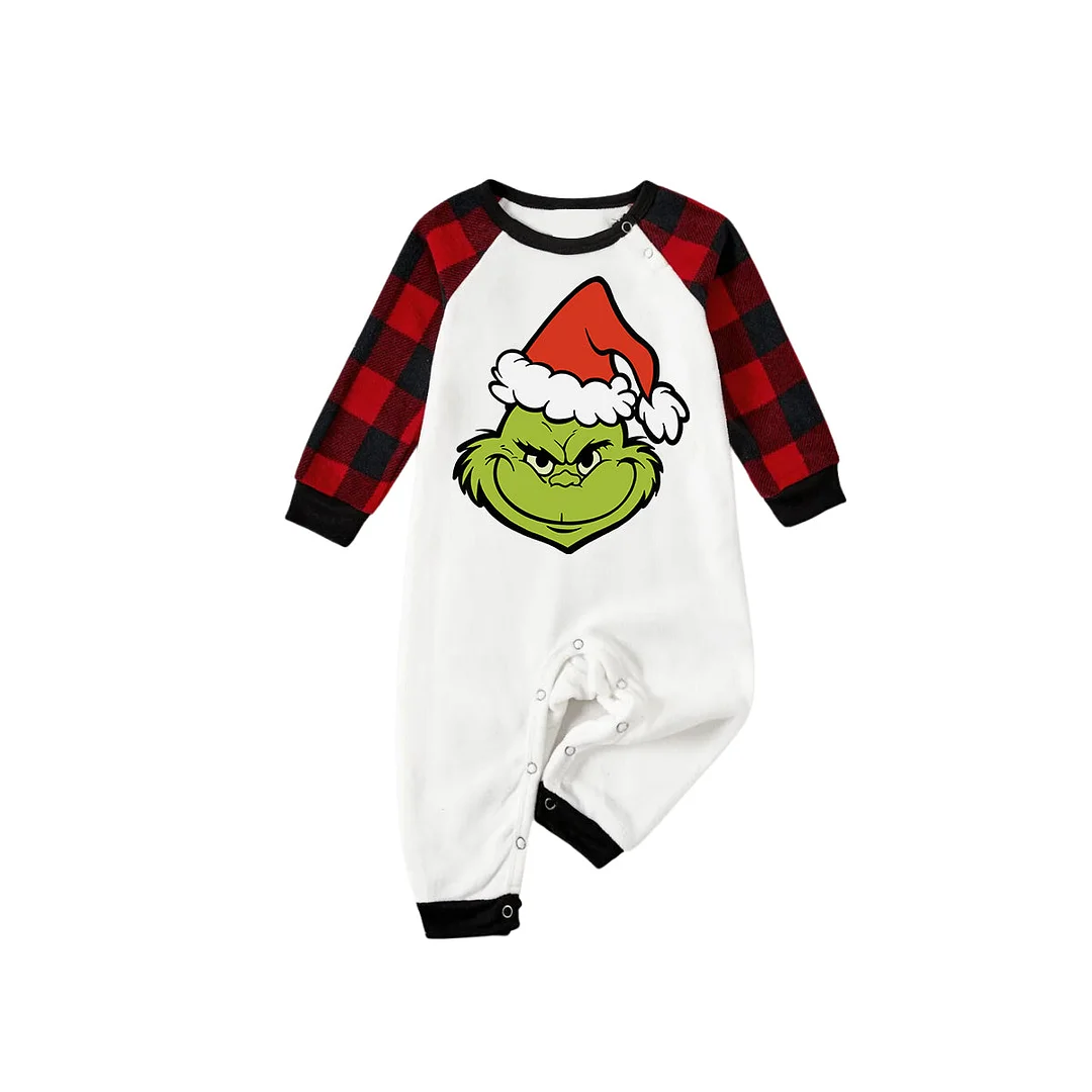 2024 Smile Green Elf Cartoon Pattern Contrast White Long Sleeve with Classic Red and Black Plaid Pants Family Matching Pajamas