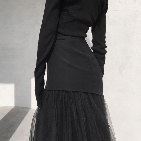 French Black Tasseled Side Open Patchwork Tulle Skirts Summer main image 1