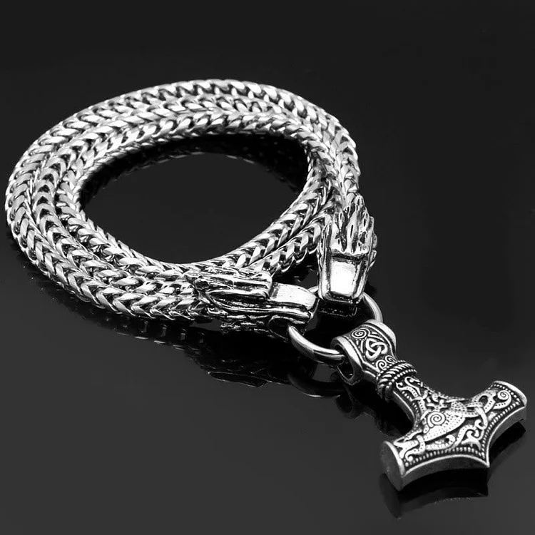 Coutureaura Mjolnir With Norse Double Dragon Keel Chain Necklace