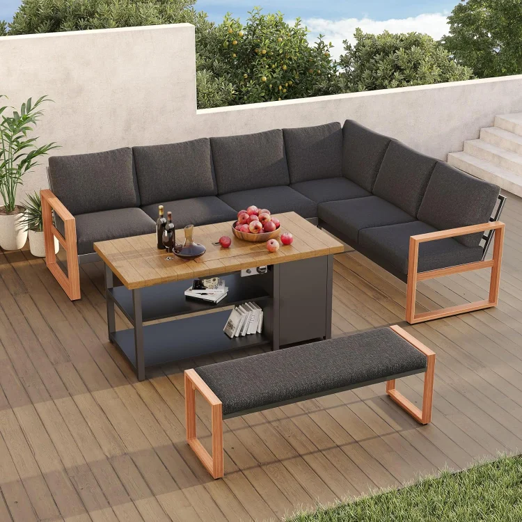 GRAND PATIO 8-Person Outdoor Furniture Set, Aluminum Sectional Sofa with Faux Wood Grain Finish, Modern Patio Conversation Corner Sofa