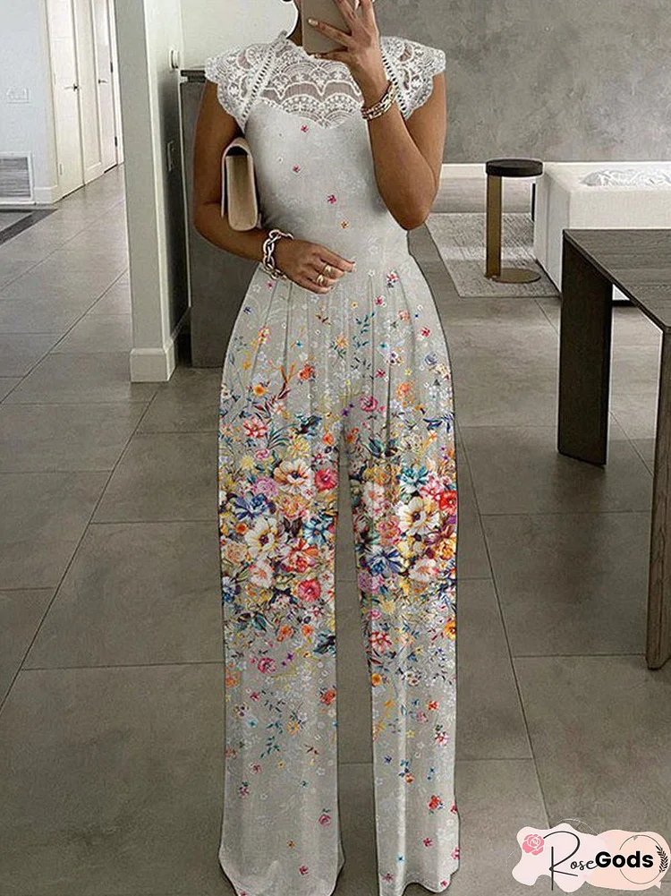 Casual Floral Short Sleeve Crew Neck Jumpsuit & Romper