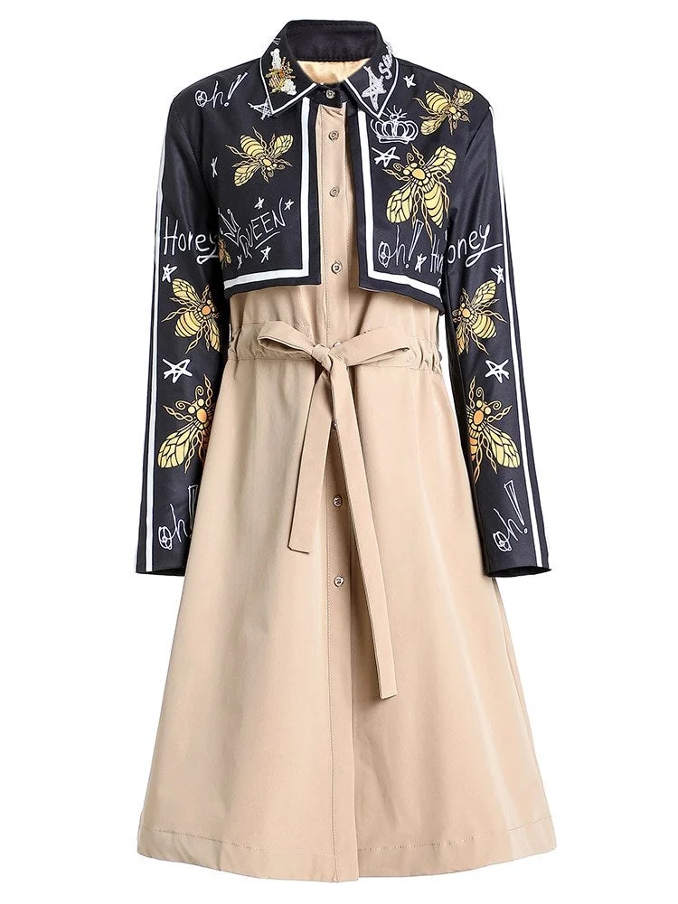 Fall / winter 2020 new women's printed bee Lapel fake two casual printed long coats