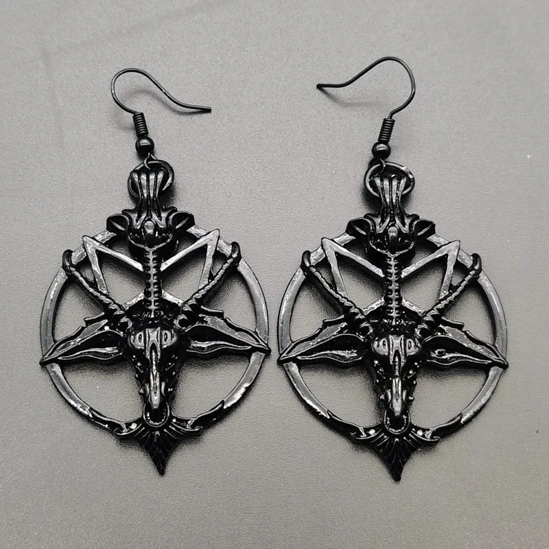 Christmas Gift New Fashion Glamour Retro Women's Pentagram Pan God Skull Goat Head Pendant Earrings Black Silver Color Gothic Witch Jewelry