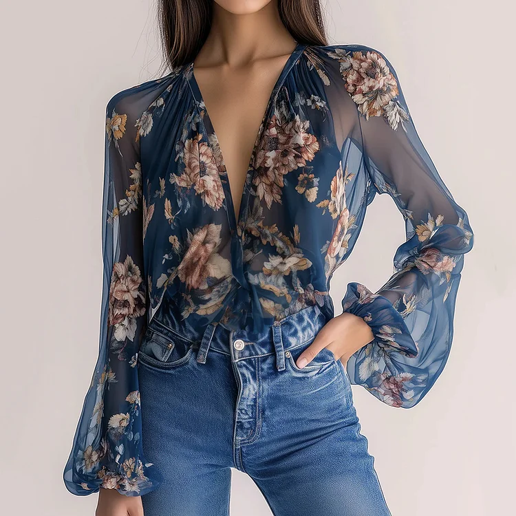 Floral Pattern See-Through Deep V Neck Lantern Sleeve Blouse