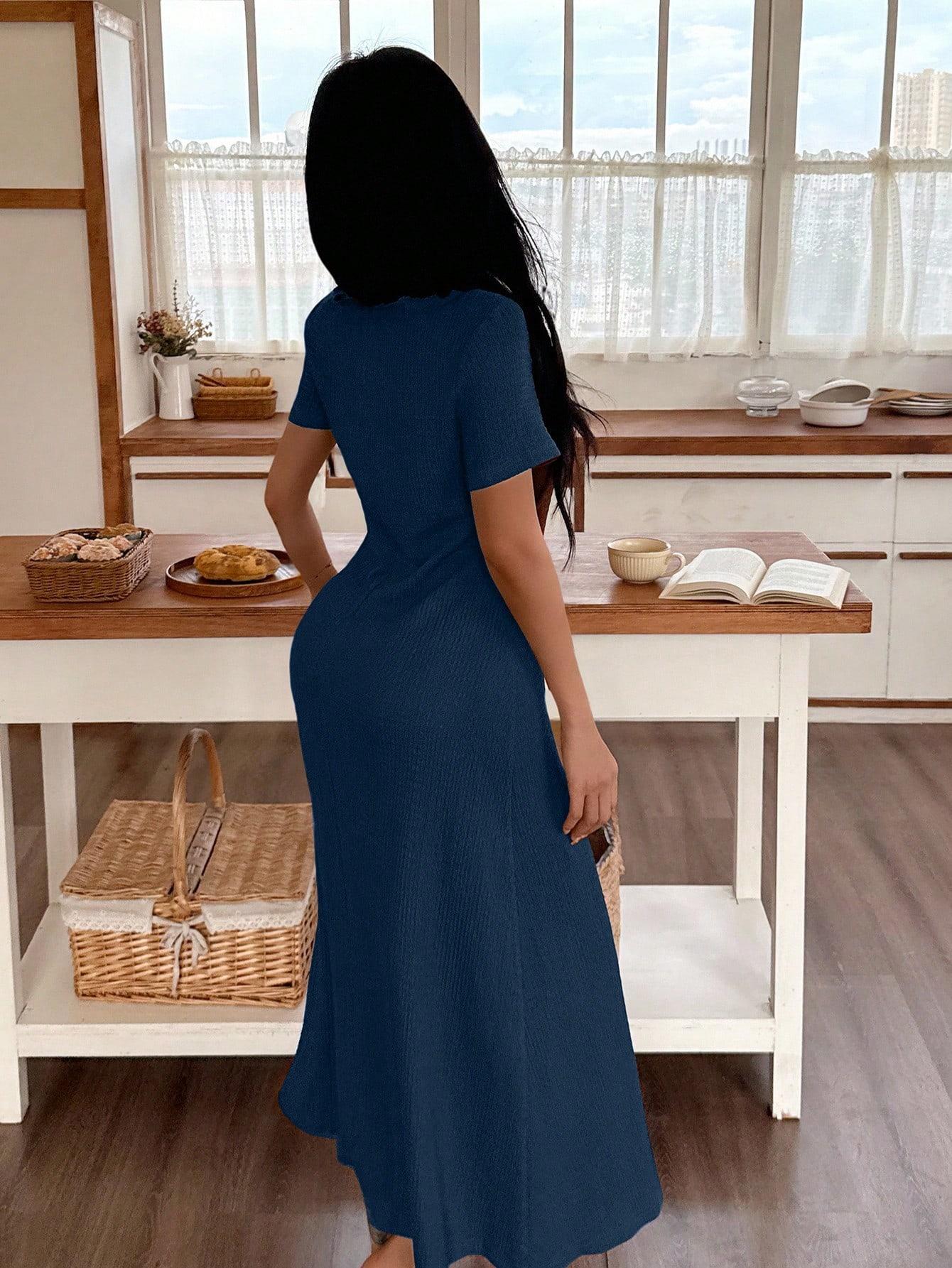 Women's Casual Solid Color Jacquard Gathered Ruffle Trim Square Neck Maxi Loungewear Dress Brown Dress Lounge Dress Summer Dress Tie Front Dress Midi Dress