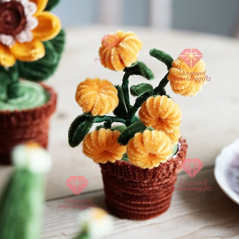 Plush Twisted Sticks Flower Bonsai Artificial Hand Knitting Flower Potted Plants Material Home Desktop Ornament