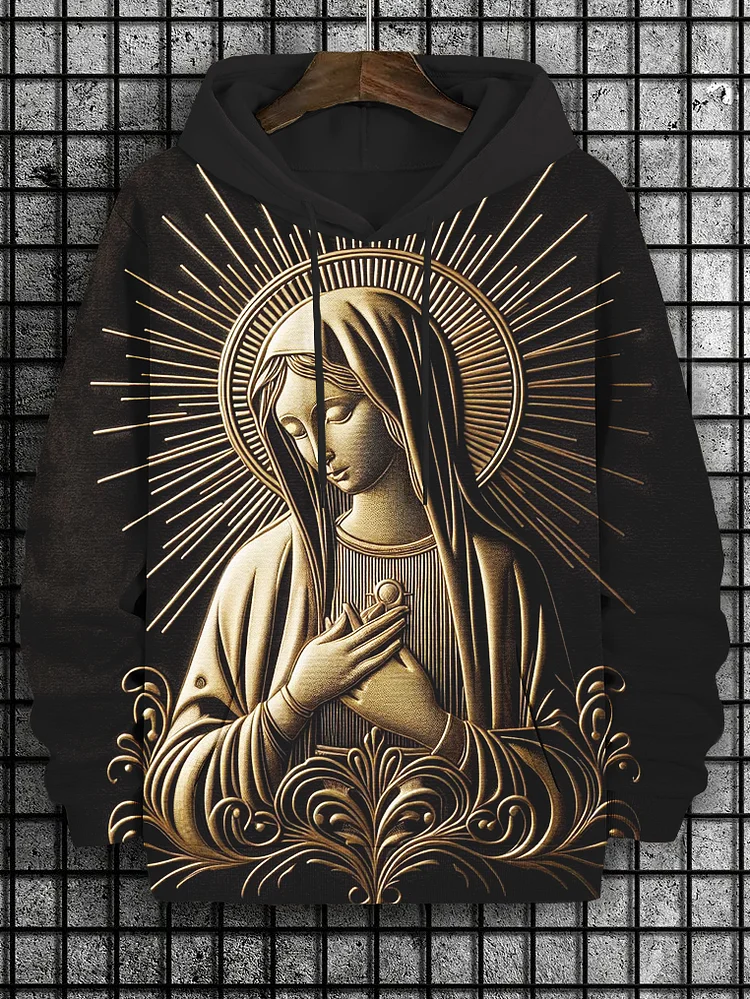 Men's Golden Jesus Nun Embossment Print Hooded Sweatshirt