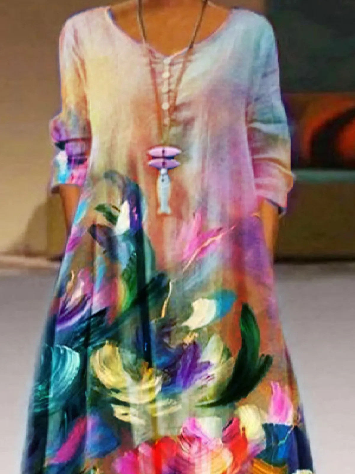 Casual 3/4 Sleeve Printed Weaving Dress