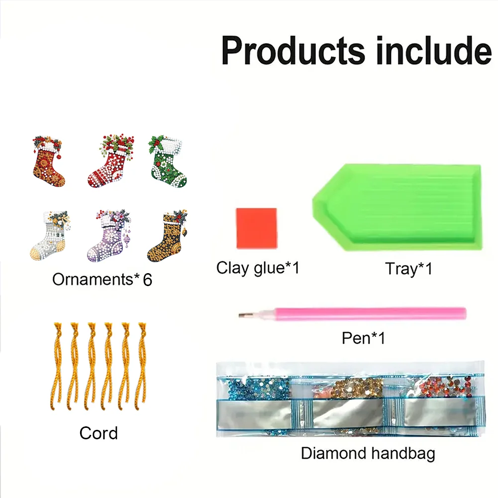 6pcs Xmas Stockings 2D Flat DIY Diamond Art Pendant Wall Door Decoration
