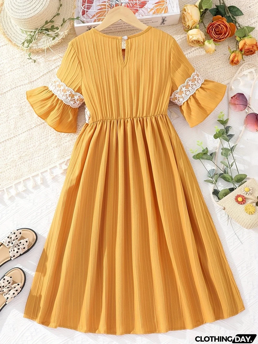 Lace Waistband Embroidery Round Neck Flounce Sleeve Dress