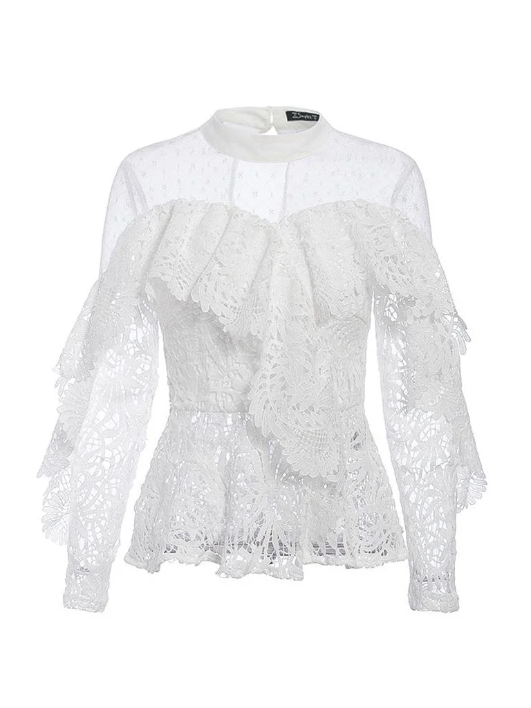 Casual Blouse Lace Patchwork Long Sleeve Ruffled Top