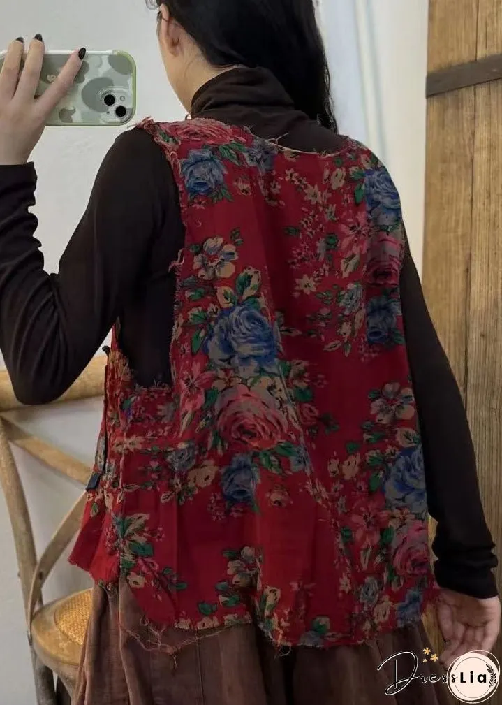 Unique Red O Neck Print Patchwork Cotton Waistcoat Sleeveless