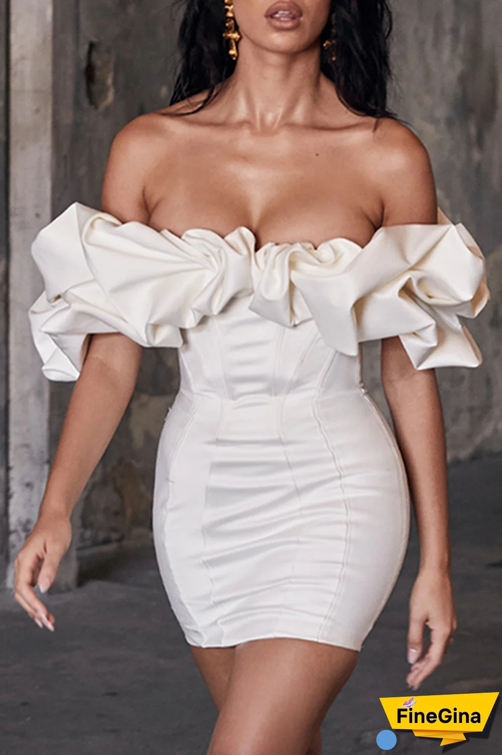 Elegant Solid Split Joint Flounce Off the Shoulder Wrapped Skirt Dresses
