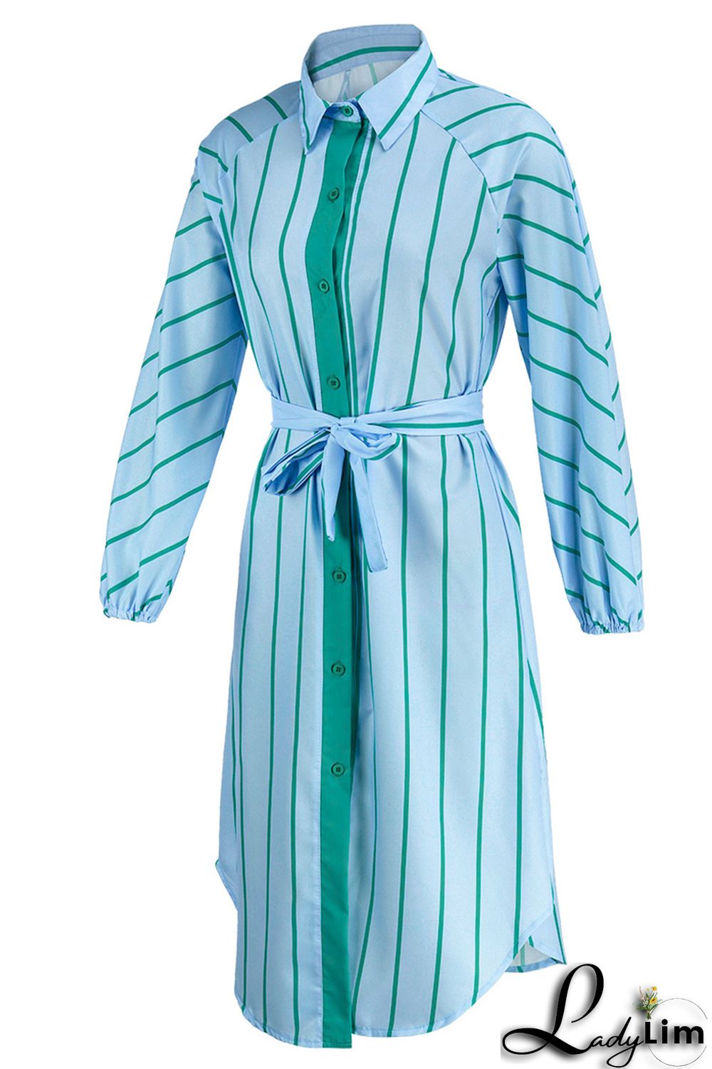 Pink Fashion Striped Print With Belt Turndown Collar Shirt Dress