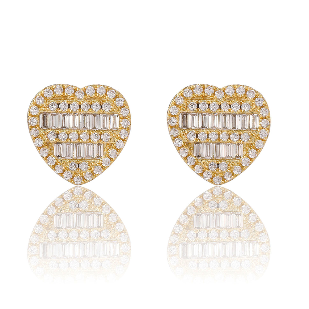 Heart Shaped Iced Out Baguette CZ Stone Gold/Silver Earrings